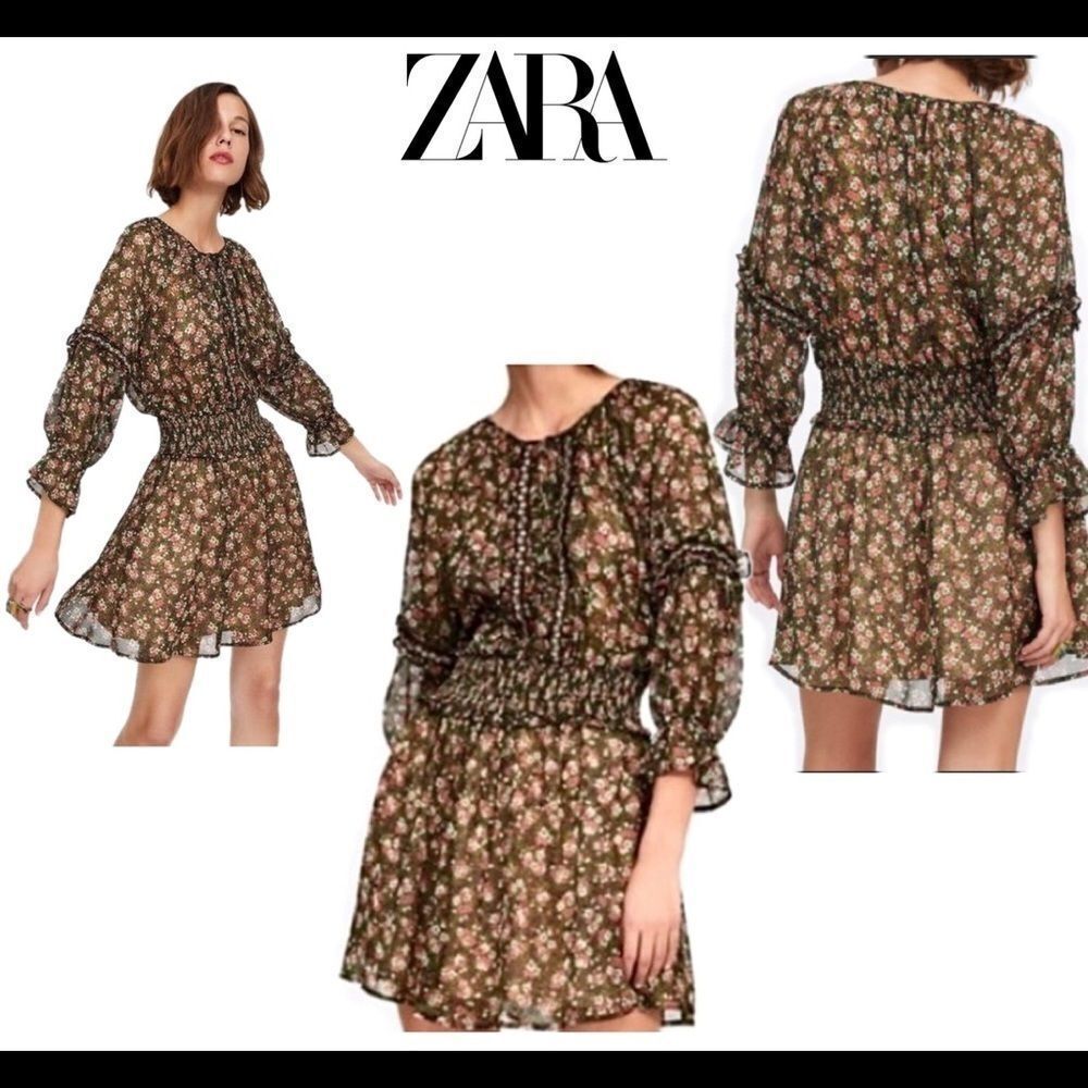 Zara green beaded flower floral ruffle chiffon mini dress Sz XS